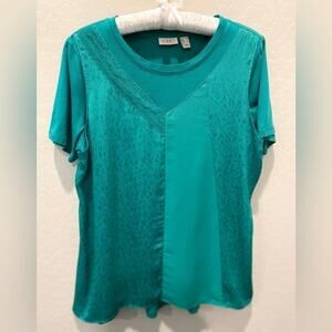 LOGO LORI GOLDSTEIN | Teal Mixed Fabric Short Sleeve Top | Medium